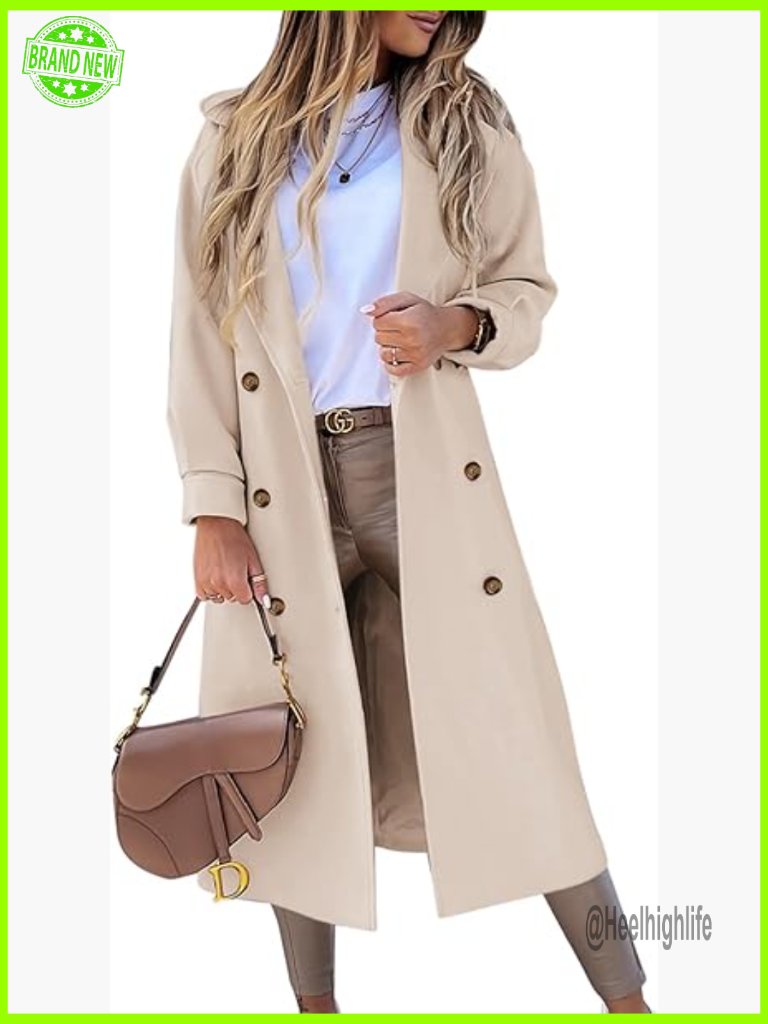 Elegant Long Wool Blend Pea Coat Double Breasted Notched Lapel